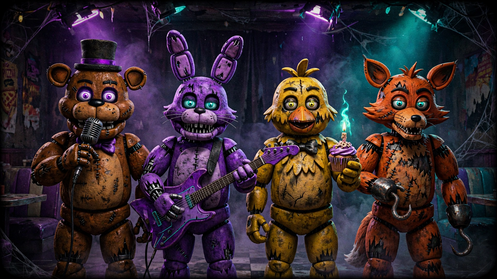 FNAF 四位机械玩偶主角：Freddy、Bonnie、Chica、Foxy